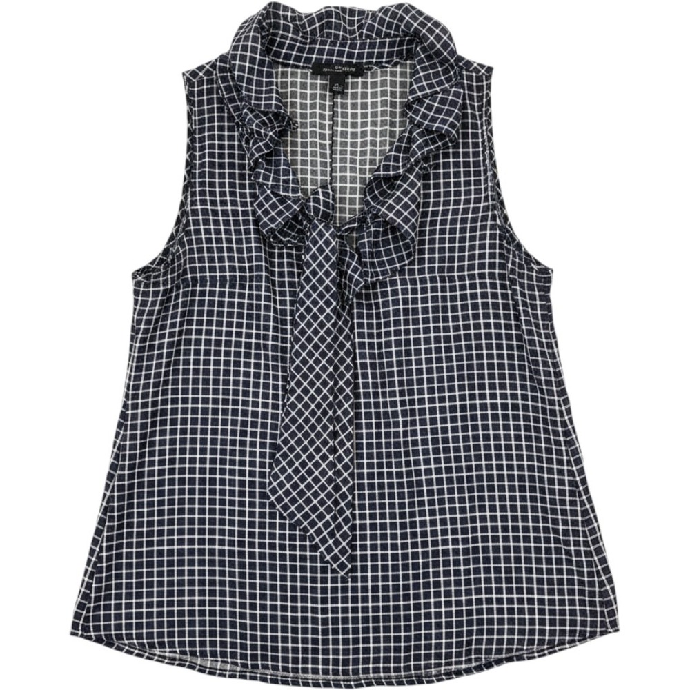 Banana Republic Silk Blouse Women L Navy Grid Ruffle Tie Neck Good Sleeveless